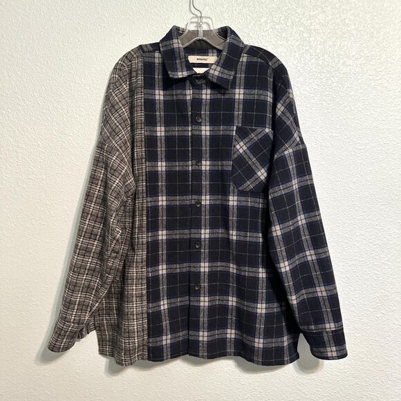 MODITEC Shirt Women Size 2 Navy Blue Gray Plaid Long Sleeve Button-Up Flannel - Picture 2 of 12